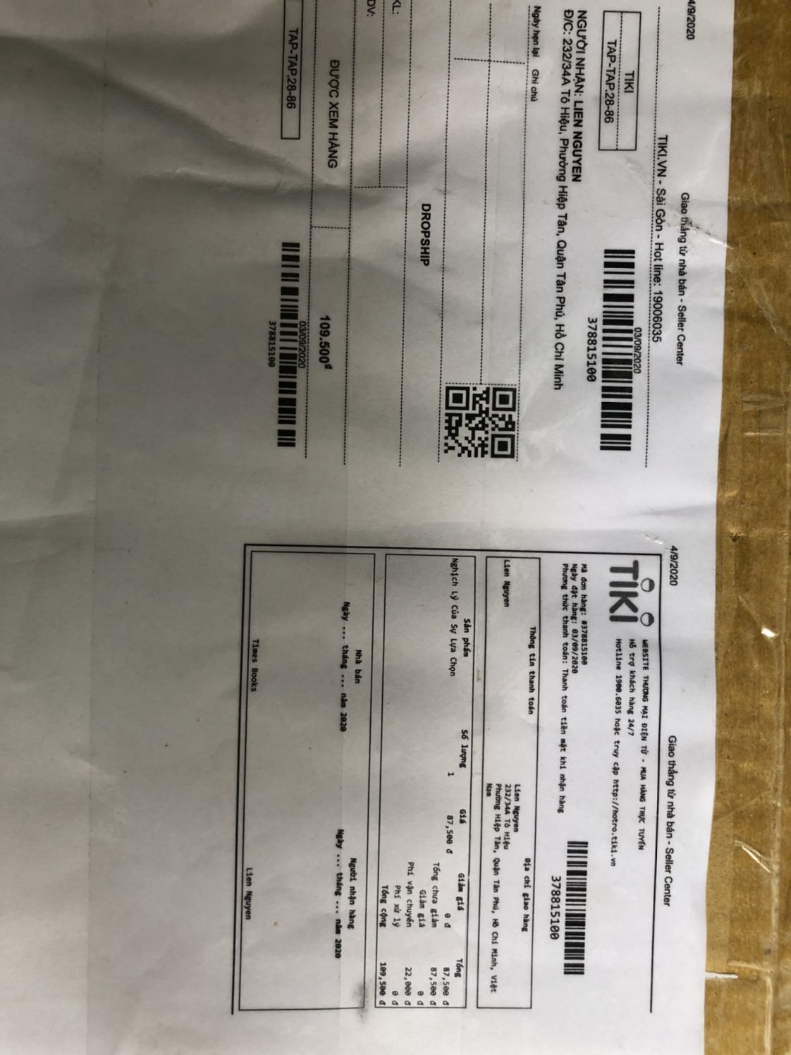 Giao hàng không đúng sách mình đã mua.
Ngoài hộp vẫn để Sách Nghịch lý của sự lựa chọn nhưng bên trong lại giao cuốn Kết thúc bán hàng đòn quyết định. 
Mình muốn Tiki đổi lại hàng cho mình