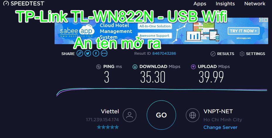 Hôm nay test thử sự KHÁC BIỆT tốc độ mạng nhà mình (Sử dụng công cụ speedtest.net) khi xài mạng dây và khi kết nối bằng USB Wifi TP-Link TL-WN822N. Đây là kết quả chi tiết:
 Mạng dây Viettel:
 Download: 53.81 Mbps, Upload: 53.34 Mbps
 USB Wifi - Anten xếp lại:
 Download: 30.21 Mbps, Upload 34.11 Mbps
 USB Wifi - Anten mở ra:
 Download: 35.30 Mbps, Upload 39.99 Mbps Hôm nay test thử sự KHÁC BIỆT tốc độ mạng nhà mình (Sử dụng công cụ speedtest.net) khi xài mạng dây và khi kết nối bằng USB Wifi TP-Link TL-WN822N. Đây là kết quả chi tiết:
 Mạng dây Viettel:
 Download: 53.81 Mbps, Upload: 53.34 Mbps
 USB Wifi - Anten xếp lại:
 Download: 30.21 Mbps, Upload 34.11 Mbps
 USB Wifi - Anten mở ra:
 Download: 35.30 Mbps, Upload 39.99 Mbps