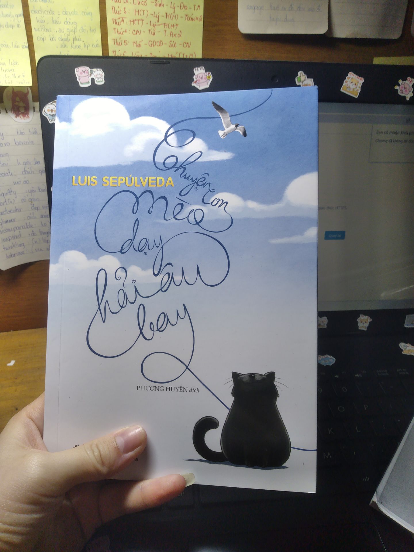 giao hàng cực nhanh nha, mình đặt chiều hum trc thì trưa hum sau đã có rồi.  sách khum bị sao hết, còn mới nguyên không hay gấp nếp. 5 sao cho chất lượng sách và dịch vụ. 
rì viu sương sương về nội dung, thì nó đúng là tả về câu chuyện một con mèo dạy con hải âu bay :). tuy cốt truyện nhẹ nhàng, dễ đoán nhưng cực cuốn. mình chỉ định đọc 50 trang thôi mà không dừng được. qua câu chuyện, mình nhận thêm được nhiều bài học về tình yêu thương và về cách con người đối mặt với thử thách. thế thôi, khum xì poi nhiều đâu. 
nói chung 4* cho nội dung sách. 
rất đề cử các bạn đọc nhaaa.