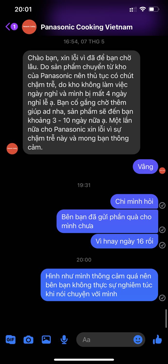 Mua hàng báo có khuyến mãi. Rồi hãng báo quà gửi sau vì nghỉ, nhưng mãi không gửi quà. Nhắn tin hỏi không trả lời lại. Thiếu tôn trọng khách hàng. 
Tiki 5 sao nhưng Panasonic 1 sao.