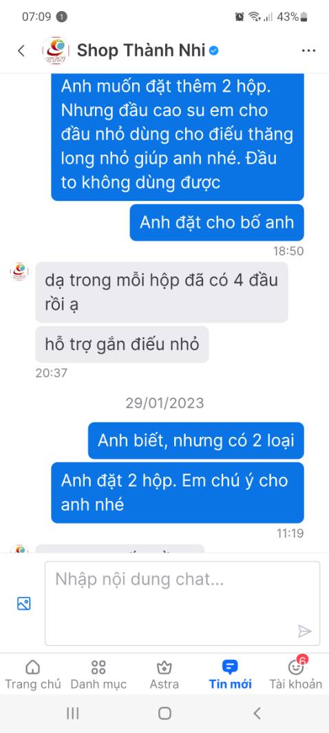 Lần thứ 1 đật hàng có yêu cầu về đầu nhựa nhưng làm sai. Vẫn bỏ qua và cho 5 sao. Nhưng đến lần 2 yêu cầu đầu nhỏ cho điếu thăng long, 2 hộp 8 đầu toàn đầu cho điếu nhỡ thì không chấp nhận được .