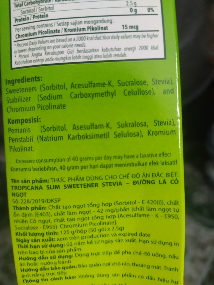 Không phải stevia nguyên chất, pha với suc và Acesulfame (có kn gây ung thư). Shop không ghi rõ thành phần hay để ảnh có tp nên gây hiểu lầm. Đổi trả thì lằng ngoằng