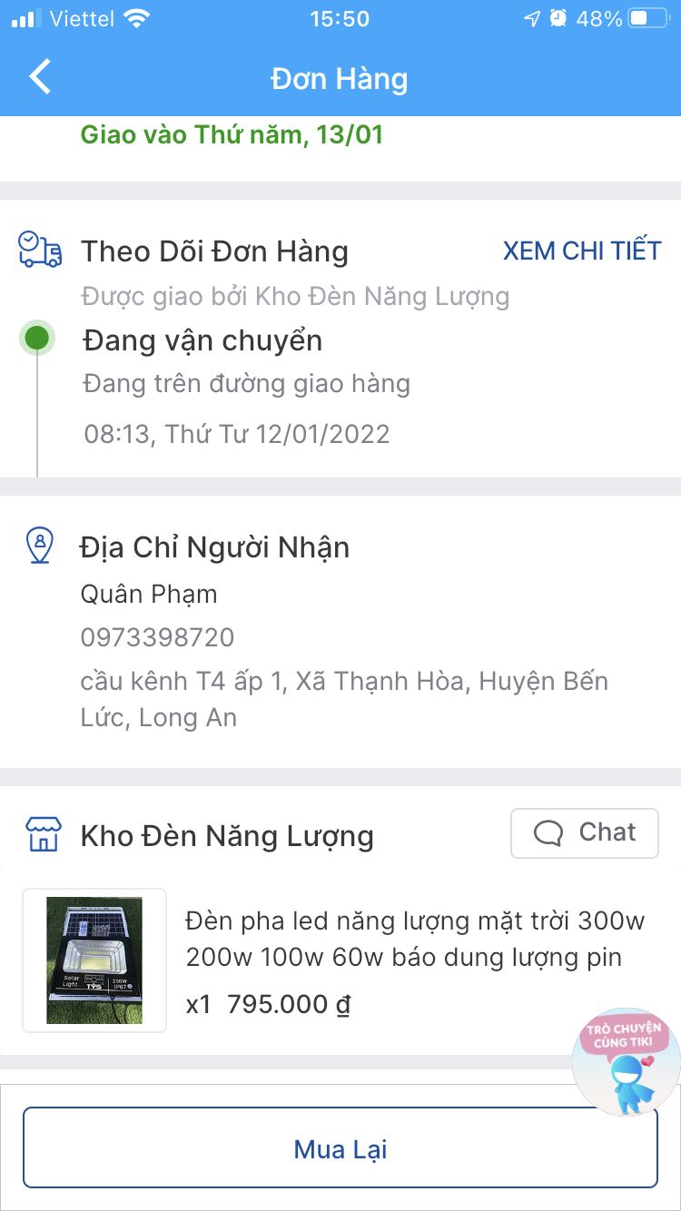Trải nghiệm cực kì khó chịu. Mua đèn công suất 200w thì nhận được đèn 100w kèm theo đó là tấm pin bị bể. Shop không liên lạc được. Đề nghị tiki xử lí