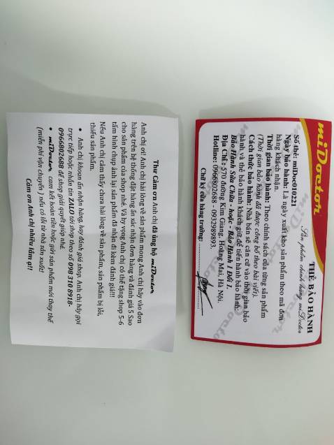 giao hàng quá nhanh, chưa đến 1 ngày đã nhận được hàng.
chất lượng tuyệt vời, xà đơn đẹp, dày dặn, dễ sử dụng, có cả phiếu bảo hành đi cùng và thư cảm ơn.
đây là lần thứ 2 mua của Midoctor. mình rất hài lòng về chất lượng, giá cả, thời gian giao hàng, ý thức phục vụ. sẽ tiếp tục ủng hộ shop (thực ra là quá ổn, yên tâm khi mua).