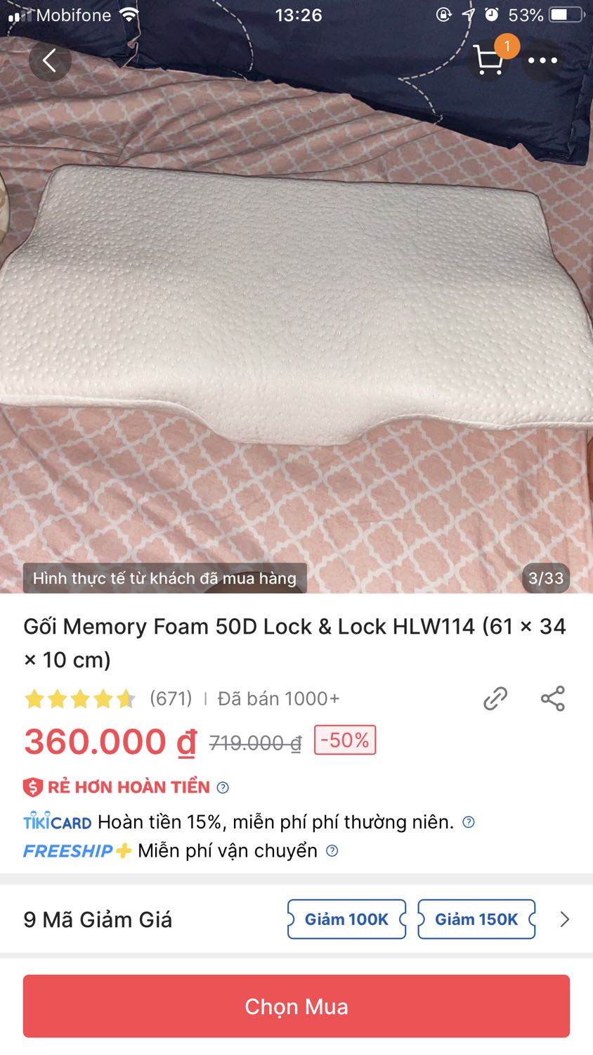 Gối quảng cáo 360k bấm vô mua thành 405k. Chat với tổng đài 1 câu chờ 20 phút. Chán không thèm nói. Mua về nằm thấy mỏi cổ. Chả hiểu do mình hay do gối