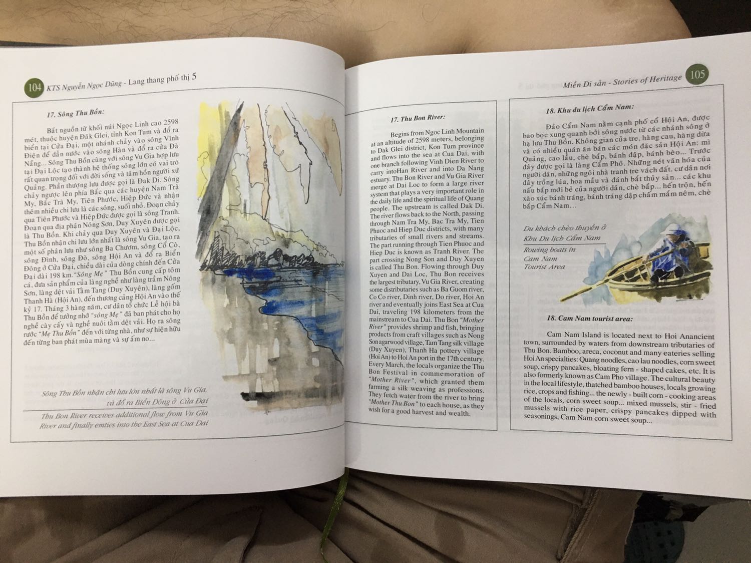 Bọc cẩn thận, giấy in mỏng nên hơi bị lồng hình và chữ ở trang sau nhưng vẫn chấp nhận được. Hình vẽ đẹp tuy nhiên có hình to có hình nhỏ không tạo được cảm giác ấn tượng. Một số hình nhìn như hình tải từ trên mạng về với độ phân giải thấp nên bị vỡ hình và mờ. Bố cục thiết kế tổng thể không tạo được sự ấn tượng. Song ngữ có những lúc lệch nhau chứ không song song. Nội dung thì rất chi tiết nói đến 10 cái lễ, 17 món ăn, 6 bãi biển, 27 điểm du lịch, 29 miền di sản, 9 cái đình, 15 cái chùa, 6 cái làng, 10 cái chợ và 11 cái cầu. Chính vì vậy mà chữ in khá nhỏ. Quyển sách này tuy không phải giáo trình học khô khan nhưng cũng không phải sách văn hoá thưởng thức hay cẩm nang du lịch đọc để giải trí. Giống như cái tên Miền di sản được lấy ra từ một chương đặt làm tựa quyển sách, quyển sách này dành cho những ai thực sự yêu thích tiếng Anh đồng thời yêu thích văn hoá Việt và muốn tìm đến những giá trị dân tộc từ mọi khía cạnh của những nơi mà cuốn sách đề cập đến. Đọc cuốn sách này cần có thời gian rảnh để nghiền ngẫm nên có thể không phù hợp lắm với số đông.