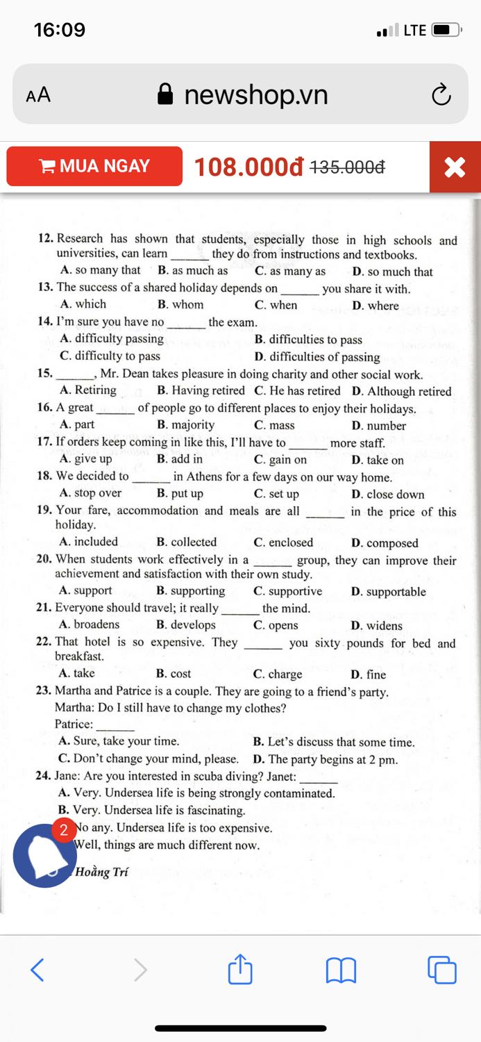 Thích đề của Lưu Hoằng Trí, tuy nội dung đề hơi cũ không còn sát với đề bây giờ, nhưng những câu hỏi về ngữ pháp, idioms và phrasal verbs, collocations, giới từ ... (tất cả các câu trừ phần phát âm, bài đọc hiểu và từ vựng nâng cao) hay, kinh điển