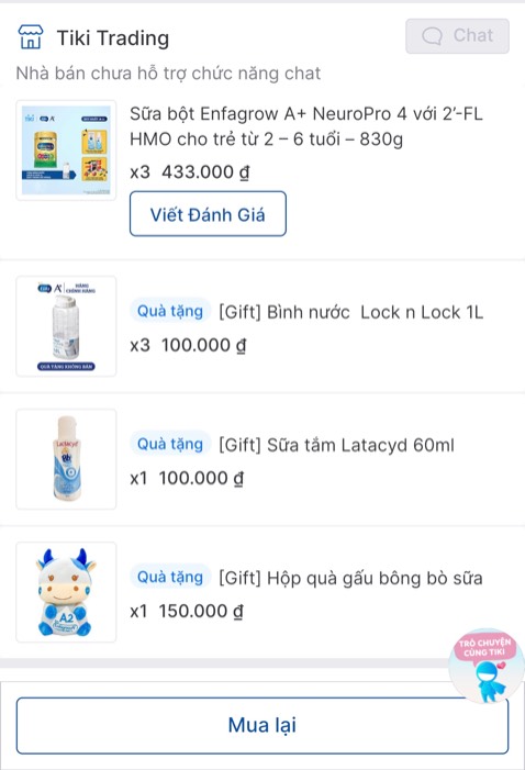 Giao hàng nhanh, date xa, quà tặng gấu bông bò sữa dễ thương nhưng TiKi vẫn giao thiếu quà là sữa tắm latacyd!!!