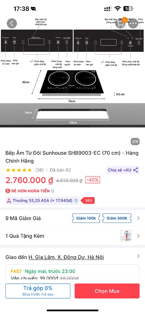 Ngoài thì không ghi rõ ràng lòng trong 70 hay là chiều dài mặt bếp 70, hình ảnh quảng cáo thì 73x42, mua về ko vừa lắp lọt hẳn vào cái lỗ. Nghĩ mà chán