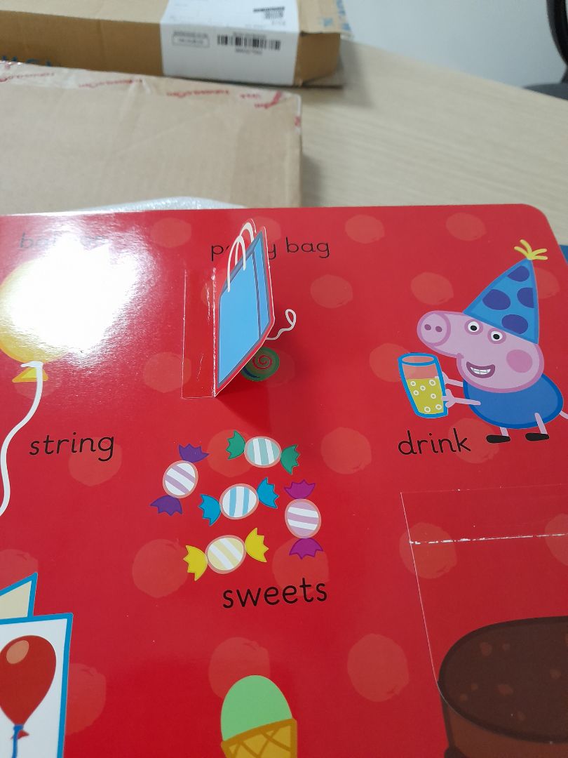 bé nhà m rất thích. sách có cả kiểu giấy hình dán lật lên có chữ hoặc ảnh ở dưới. méo sách bị xước tí nhưng ko sao.