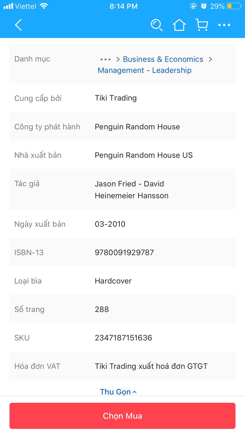 Tiki giới thiệu sản phẩm là hardcover, sách mới nhưng mình nhận được sản phẩm hoàn toàn khác: paperback, chất lượng giấy bên trong k tốt, bìa rất cũ, bìa sách cũng k giống như giới thiệu luôn, cảm tưởng như bị *** vậy :). Mua sách Tiki đã nhiều, đặt hàng k cần check review, nhận hàng k cần check hàng nhưng lần này thất vọng thật sự. Sẽ cẩn thận hơn sau này và có thể cân nhắc việc mua hàng ở Tiki.