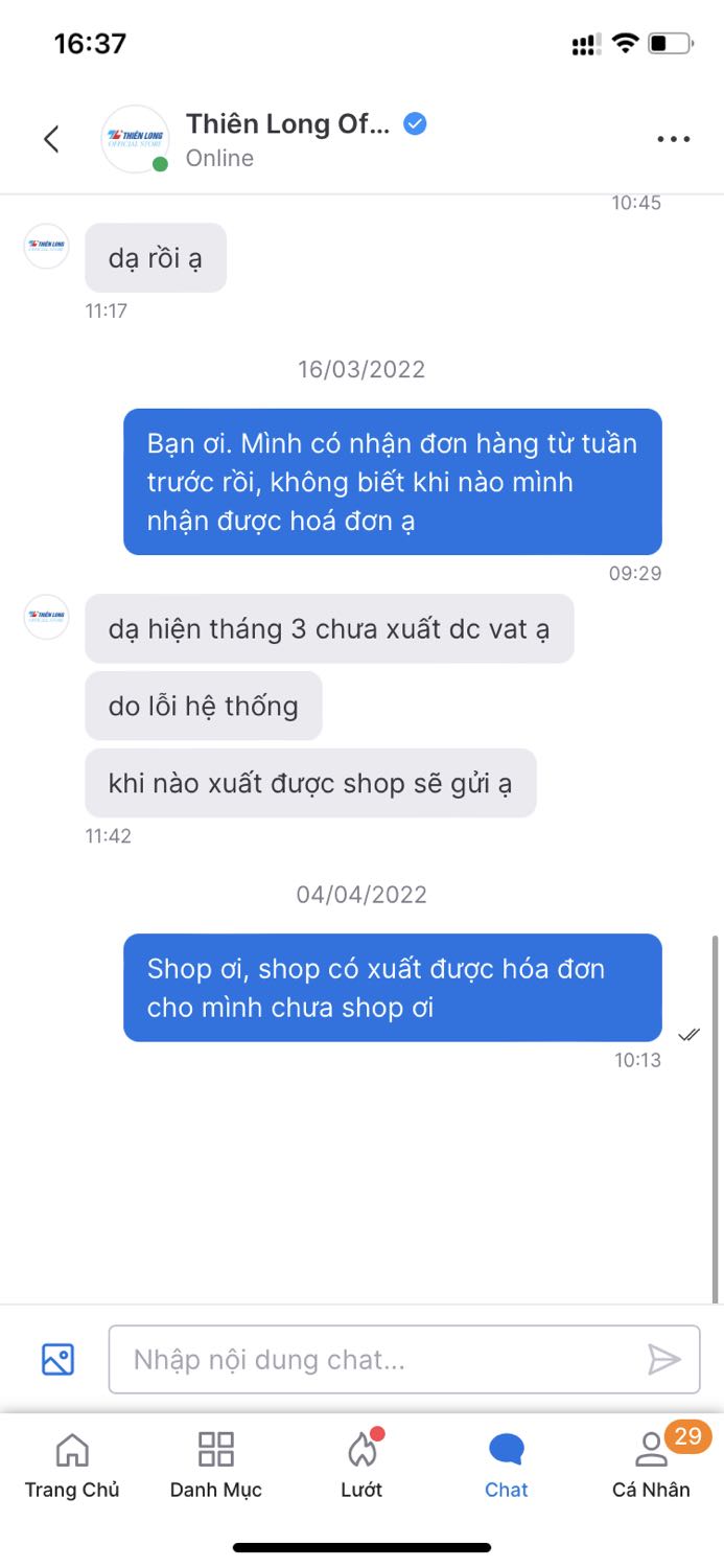 Mình nhận hàng 3 tuần rồi nhưng shop không xuất hoá đơn VAT. 
Nhắn tin cũng không thấy shop phản hồi, thái độ khá là xem thường khách hàng.

Các bạn cân nhắc trước khi mua hàng.