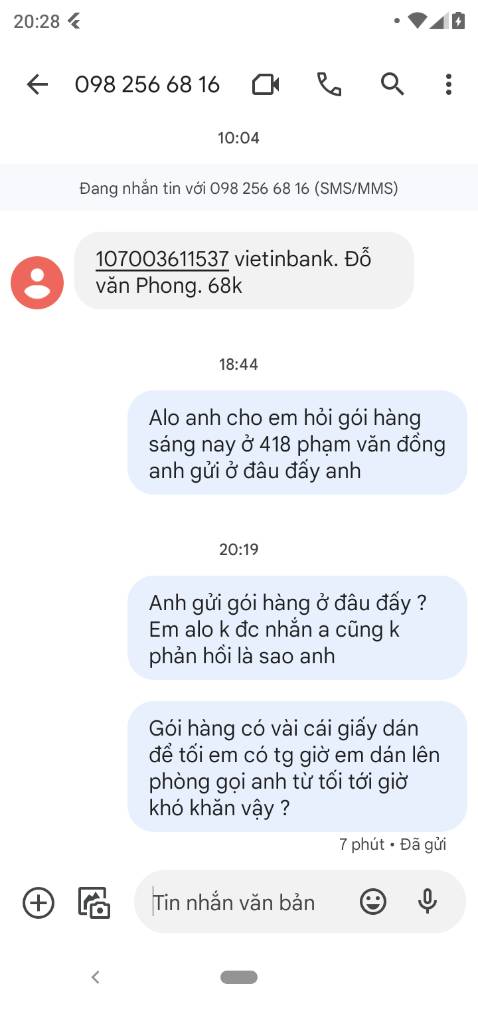 Tôi chưa nhận được hàng Tôi không có nhà sáng nay nên nhờ shiper gửi quán giặt là kế bên, tới giờ liên lạc với Shiper thì từ sáng tới tối không nghe máy. tiền thì đã chuyển cho Shiper rồi. có vài chục ngàn mà làm ăn thế này