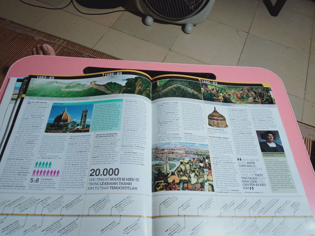 Không thể diễn tả nổi niềm vui khi cầm quyển sách trên tay (khá nặng, tầm 3kg?? và phải cầm bằng 2 tay hay trên bàn để đọc. Sách in rất đẹp với vô vàn hình minh họa kì công. Sách rất tốt trong timeline (trình tự thời gian) và mô tả sự kiện, tuy nhiên có lẽ không phải cuốn sách tổng kết lịch sử theo từng thời kì. Sẽ thật tuyệt vời khi đọc bổ sung cùng Lược sử thế giới. 
Nói chung tổng kết lại là: Đáng đồng tiền bát gạo! Mình mua ngày giảm giá + 1 mã giảm 30k, lại được freeship nữa. Sẽ vô cùng tuyệt vời nếu giao sớm hơn chút :) (order t6, chiều t2 giao) Cám ơn tiki.