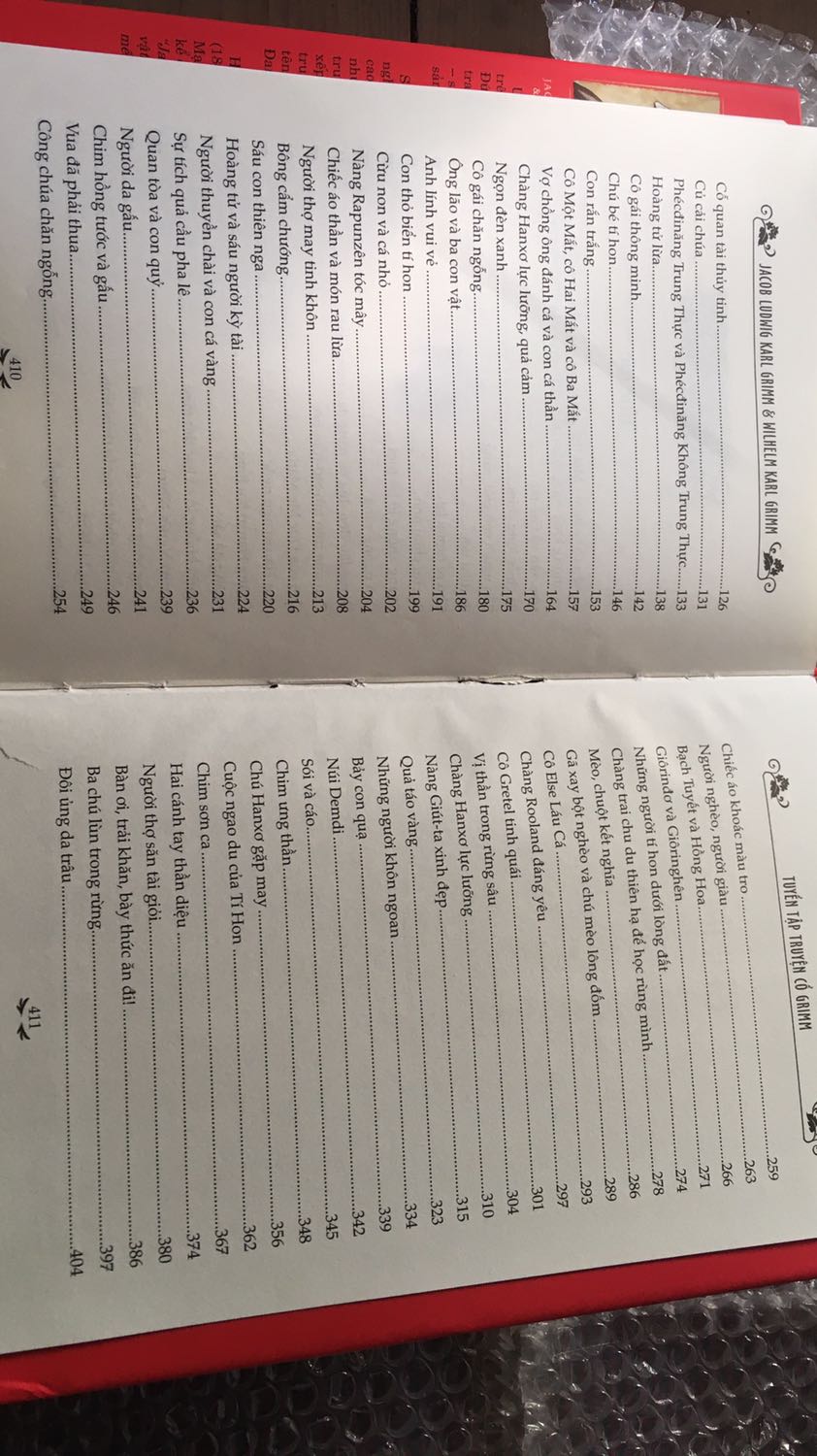 Sách dày 411 trang, cũng tuyển tập nhiều truyện trong tổng số trên 200 câu chuyện Grimm. nhưng lại ko có 1 số truyện quan trọng như: Bạch Tuyêt và bảy chú lùn, Aladin và cây đèn thần, Cô bé ngủ trong rừng. Làm mjh mua quyển này rồi giờ phải mua thêm quyển khác nữa