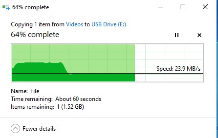 Ngoại hình ổn, dễ gắn chìa khoá
Tốc độ ghi dưới 1GB tầm 55 MB/s, sau 1GB tầm 24MB/s, thua dòng Ultra Flair khoảng 20%
Tuy nhiên tốc độ đọc dưới 1Gb rất cao, max luôn băng thông Sata 500MB/s nên không đo hơn được. Sau 1GB tầm 140MB/s
.Nói chung làm USB Boot ổn. Độ bền thì dùng từ từ sẽ biết Ngoại hình ổn, dễ gắn chìa khoá
Tốc độ ghi dưới 1GB tầm 55 MB/s, sau 1GB tầm 24MB/s, thua dòng Ultra Flair khoảng 20%
Tuy nhiên tốc độ đọc dưới 1Gb rất cao, max luôn băng thông Sata 500MB/s nên không đo hơn được. Sau 1GB tầm 140MB/s
.Nói chung làm USB Boot ổn. Độ bền thì dùng từ từ sẽ biết