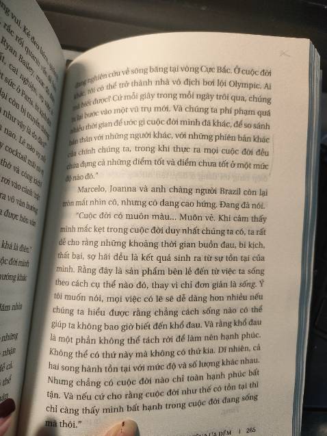Cuốn sách đem đến cho tôi nhiều thông điệp: Có những cuộc đời mà cta nghĩ rằng mình sẽ hạnh phúc nếu sống trong đó. Thế nhưng đời không như mơ, bởi kể cả cuộc đời bạn nghĩ là thích nhất nhưng cảm giác thuộc về nó thì mãi mãi ko chạm được vào. Chỉ khi cta sống hết mình, với cuộc đời của chính cta, đối diện với bản ngã của mình, thừa nhận lỗi lầm, biết bản thân mình muốn gì, lúc đó định nghĩa Hạnh phúc trong bản thể mới rõ ràng. 
Nội dung cuốn hút và độc đáo. Tuy nhiên mình ước rằng câu chữ về nội tâm được diễn tả sâu sắc hơn. Với mình, những cảm nhận của Nora ( nhân vật chính) chưa được khai phá hết và độc giả chỉ chạm được nó chứ chưa thực sự cảm nhận và thấm "đòn" tâm lý của nhân vật. Cũng có thể là do kể theo Ngôi thứ 3 nên mình kỳ vọng hơi cao. 
Dù sao thì nên đọc nhé mọi người. Sách của Tiki thì no table rồi. Các bạn giao hàng thì siêu dễ thương.