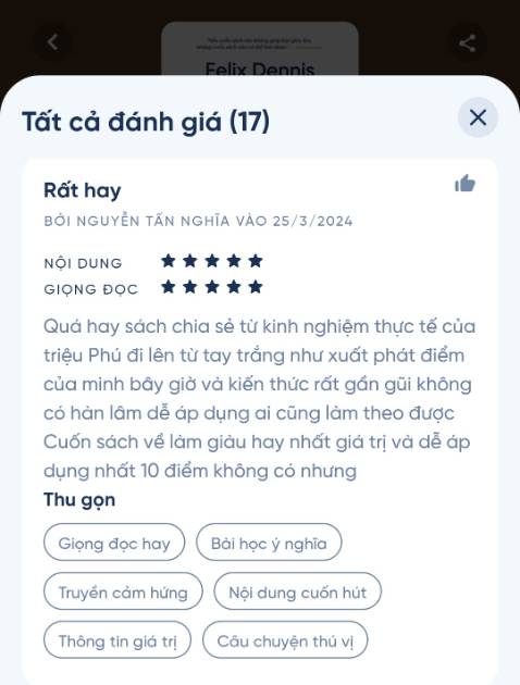 Quá hay,cuốn sách kể về giá trình làm giàu cái giá phải trả để đc giàu có
Đây là cuốn sách duy nhất chia kẻ kinh nghiệm thực tế gần gũi. Mọi người nên nghe nữa để tăng hiệu quả