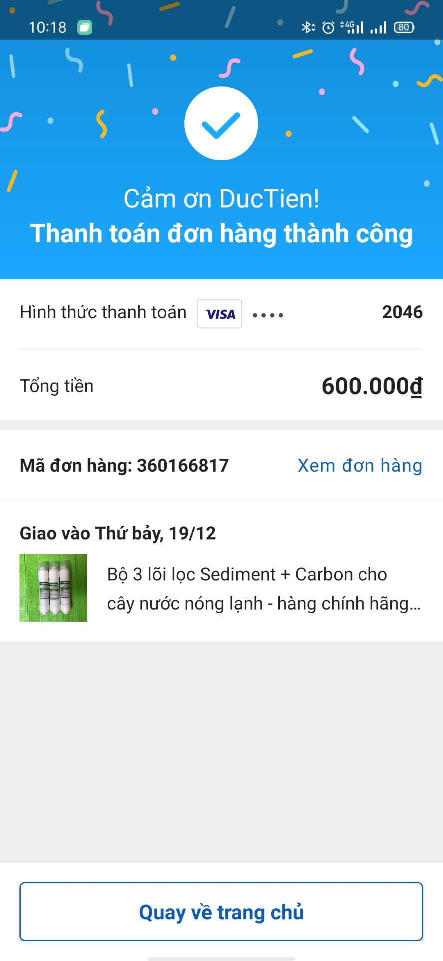 Tôi mua 3 lõi lọc Sediment + carbon cho máy nóng lạnh. Giao tới cho tôi 3 lõi lọc số 1 của máy lọc nước Kangaroo.
Còn có giấy xin lỗi viết tay bỏ vào thùng hàng tự nhận là nhà bán hàng Thang Long nào đấy.
Tôi không cần lời xin lỗi kiểu này vì tôi không thấy thành ý mà thấy các bạn coi thường khách hàng quá. 
Tôi chỉ yêu cầu các bạn giao đúng hàng tôi đã đặt. Nếu hết hàng thì thông báo để tôi mua chỗ khác, hoặc đợi đến khi có hàng, chứ đừng giao cho tôi món hàng không thể sử dụng được cho xong việc các bạn như thế này.
Tôi đang đợi Tiki xử lý!