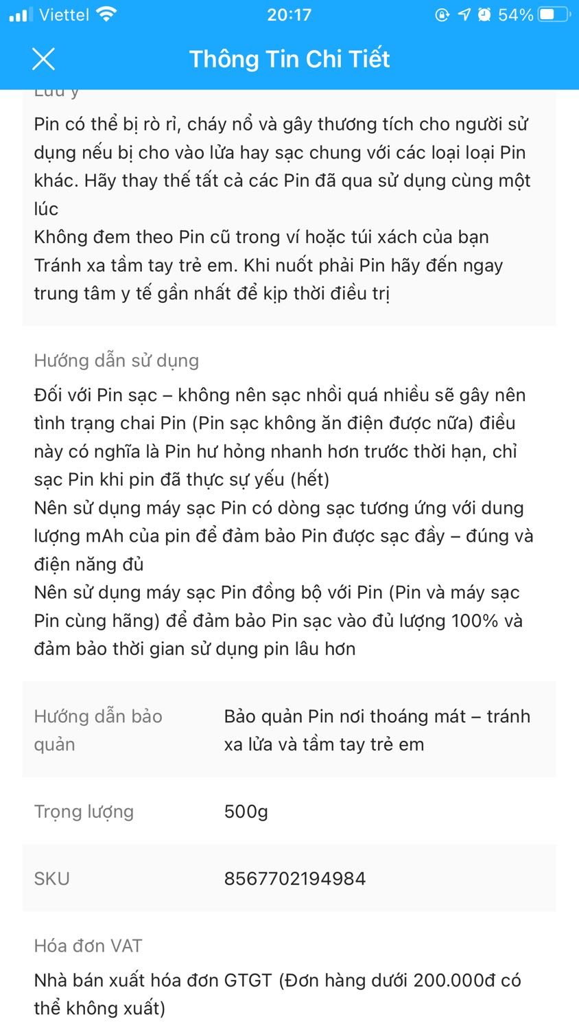 Có vẻ như Mã sản phẩm trên web và mã sản phẩm mình nhận không khớp nhau. Ngoài ra, như shop có trả lời câu hỏi của khách cũng như có ghi rằng sản phẩm có khả năng sạc lại nhưng trên bao bì pin mình thấy ghi Do not Recharge Có vẻ như Mã sản phẩm trên web và mã sản phẩm mình nhận không khớp nhau. Ngoài ra, như shop có trả lời câu hỏi của khách cũng như có ghi rằng sản phẩm có khả năng sạc lại nhưng trên bao bì pin mình thấy ghi Do not Recharge