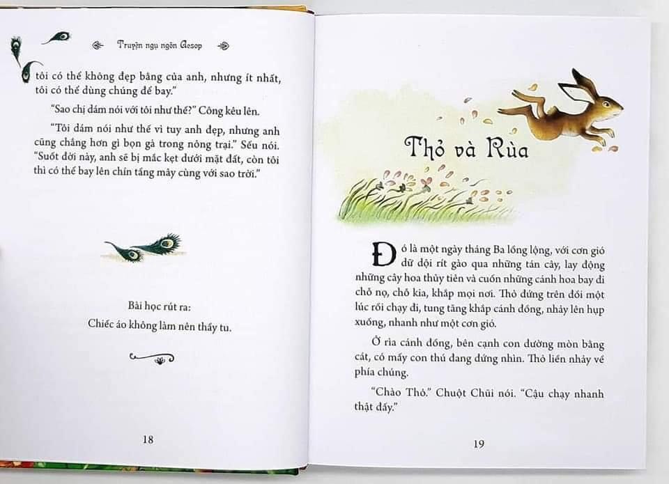 Truyện bìa cứng, minh họa rất đẹp, gồm nhiều mẩu truyện ngụ ngôn nhỏ rất hợp với các em bé 4-5 tuổi trở lên. Truyện có nhiều bài học hay dạy các bé cách sống , cách đối nhân xử thế.