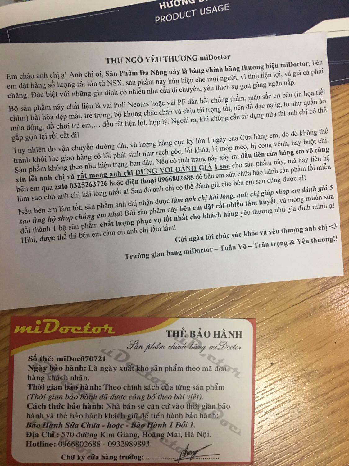 Đã nhận đc hàng sau 2 ngày đặt hàng. Sp rất ưng ý! Thái độ phục vụ của ship rất đáng trân trọng, tất cả tâm huyết của shop đều đc thể hiện qua sp, qua thư cảm ơn. Chúc shop luôn giữ đc chất lượng sp và phong cách phục vụ như hiện nay.