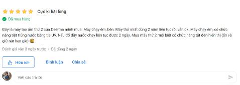 Lúc mới đầu mua về, mình đánh giá 5*. Sau đó dùng thêm được 2 ngày, thì phần lõi ở đế bị bung ra, khiến cho nước chảy lênh láng, máy không hoạt động được.

Mà rõ ràng cái lõi này từ lúc vận chuyển đến khi dùng, thì không ai động vào (cũng rất khó động vào), do ở khá sâu, đậy bình nước lên thì cũng che mất. Đây không phải lỗi người dùng.

Nhưng khi liên hệ lại với shop, shop báo vỡ như vậy hãng không bảo hành được. Thế bây giờ mua hàng, khách hàng đã trả tiền trước, shop ship cho KH  sản phẩm lỗi thì KH cũng vẫn phải nhận?