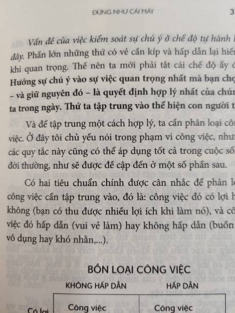 Nội dung quyển này thì quá xuất sắc, đã có rất nhiều review cùng với cuốn Siêu năng suất của tác giả. Saigonbook vẫn chỉn chu trong khâu in ấn biên tập trình bày như mọi khi, có sẵn bookmark theo bộ với sách. Điểm trừ duy nhất là lần đầu tiên thấy Saigonbook design bìa đơn điệu, thiếu đầu tư, có thể nói là rất xấu so với các sách đã xuất bản, khiến sách nhìn thiếu hấp dẫn để cầm lên đọc. Phần dịch thuật tương đối ổn, xài 1 số từ chưa nuột, cũng như chưa linh hoạt trong việc chọn từ để tránh trùng lắp trong đoạn văn.