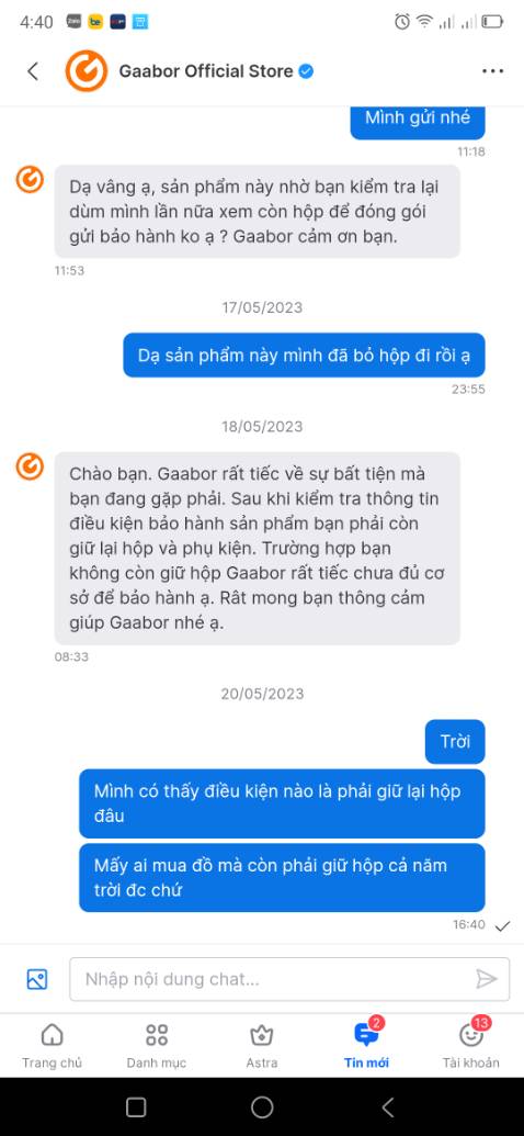 Kinh doanh mà như vậy có phải *** đảo không chứ. Hàng bảo hành mà bắt buộc phải có giữ kèm hộp thì mới được bảo hành, còn không là không đc. Mình chưa thấy bên đồ gia dụng nào lại có cách bảo hành lạ lùng như vậy.