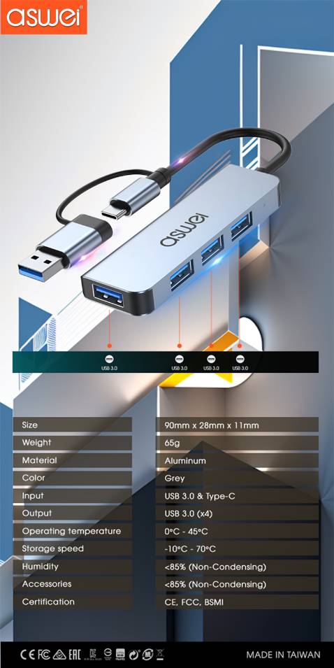 ✓ Hub USB 3.0 & Type-C ASWEI 4in1: USB 3.0 & Type-C To 4 USB 3.0 :
 •  Chất lượng tốt: Vỏ nhôm tản nhiệt tốt, chắc chắn, hub rất mát trong quá trình sử dụng lâu.
 •  Kết nối ổn định: Cổng USB chắc chắn, tốc độ truyền cao, không có độ trễ
 •  Thời gian giao hàng nhanh, SP đóng gói cẩn thận, nhân viên thân thiện.
 •  Giá cả cạnh tranh: Mua 3 bộ chia USB ASWEI với giá ưu đãi.
 •  Thiết kế tiện lợi: Kích thước nhỏ gọn, dễ dàng cầm nắm. Vỏ nhôm bền bỉ, bảo vệ khỏi va đập.
 
--> Hub chuyển đổi USB Type-C ASWEI 4in1 có chất lượng tốt, thiết kế chắc chắn, kết nối tốc độ cao & ổn định. Giá tốt. ✓ Hub USB 3.0 & Type-C ASWEI 4in1: USB 3.0 & Type-C To 4 USB 3.0 :
 •  Chất lượng tốt: Vỏ nhôm tản nhiệt tốt, chắc chắn, hub rất mát trong quá trình sử dụng lâu.
 •  Kết nối ổn định: Cổng USB chắc chắn, tốc độ truyền cao, không có độ trễ
 •  Thời gian giao hàng nhanh, SP đóng gói cẩn thận, nhân viên thân thiện.
 •  Giá cả cạnh tranh: Mua 3 bộ chia USB ASWEI với giá ưu đãi.
 •  Thiết kế tiện lợi: Kích thước nhỏ gọn, dễ dàng cầm nắm. Vỏ nhôm bền bỉ, bảo vệ khỏi va đập.
 
--> Hub chuyển đổi USB Type-C ASWEI 4in1 có chất lượng tốt, thiết kế chắc chắn, kết nối tốc độ cao & ổn định. Giá tốt.