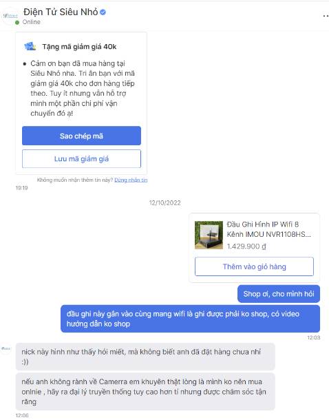 Shop bán hàng cũng bình thường, mà nói chuyện kinh người quá; bán sản phẩm camera kỹ thuật số mà mù vi tính, nhìn dòng chữ cám ơn đã mua hàng mà còn nói chuyện kiểu đó; kể cả tôi chưa mua lần nào mà hỏi ko được sao;