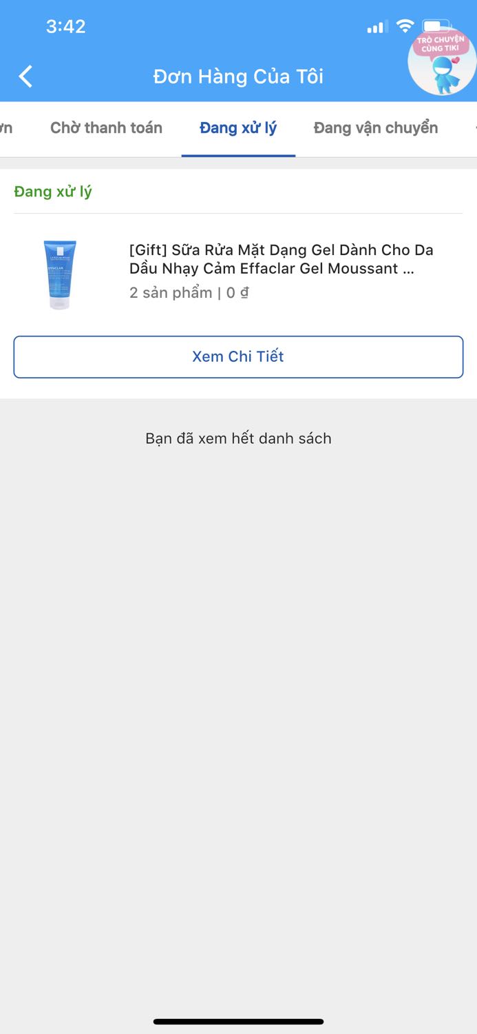 Tôi mua hàng ngày 8/8 lúc đặt còn bảo là đc tặng một srm và một toner size nhỏ, đặt hàng thành công thì đơn lại bị tách ra làm 2 đơn là 1 đơn gift và 1 đơn nước tẩy trang. Bên shop chỉ xác nhận 1 đơn hàng như ảnh dưới đây. Đã giao hàng lâu rồi, tới giờ mới nhận đc, mở hàng ra lại thất vọng hơn, chẳng bị đổ gì đâu nhưng trông sơ sài lắm. Thế thì ngay từ đầu k muốn tặng thì đừng để trên trang bán hàng của mình như v chứ. Lần nào mua đồ của hãng trên *** chưa bao giờ nhận thiếu hàng cả. Và đây cũng là Tiki chính hãng sao lại vậy. Tôi cũng xem đánh giá của các khách khác, họ đều nhận đủ hết cả mà. Đừng đổ lỗi cho tình hình dịch bệnh mà có sai sót thì lại càng thất vọng hơn.