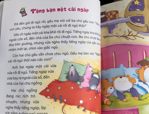 Sách đẹp về cả nội dung lẫn hình thức. Hình minh hoạ dễ thương, nội dung ngắn gọn, dễ hiểu, có phần đúc rút cuối mỗi truyện nữa. 2 mẹ con đều thích. Các ba mẹ nên mua để đọc bé nghe, bé nhỏ chưa hiểu hết nội dung nhưng truyện giúp tăng vốn từ, phát triển trí tưởng tượng cho con. Bé nhà mình mới 2 tuổi, tối nào cũng đòi mẹ đọc sách cho nghe.