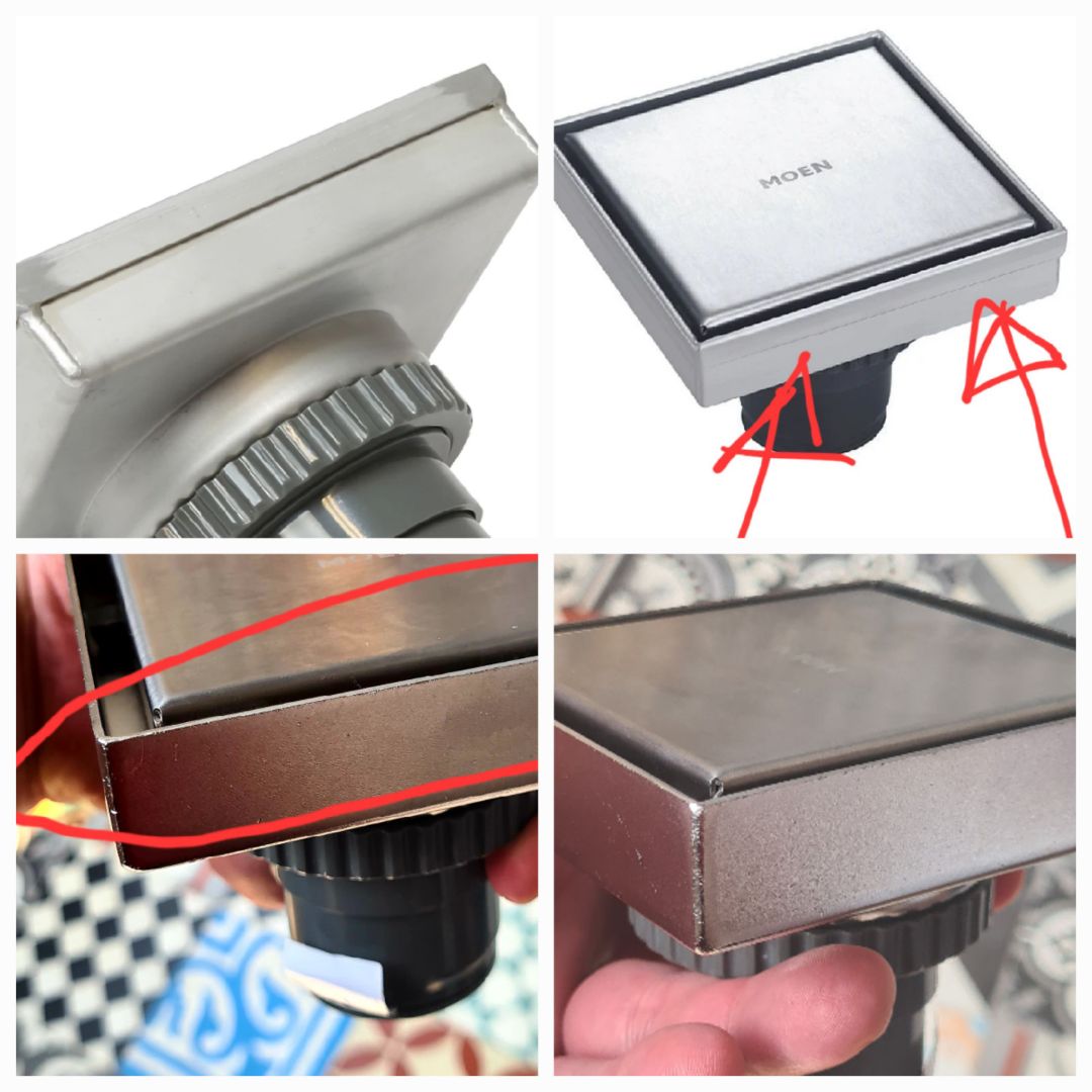 the first picture is the item you are selling. the second picture is the product that was sent to me. its different and not what was as displayed. right let's get to the quality, the metal has already started to go yellow and its dented and scratched. i don't understand why you have sent me a product that is not even made correctly.