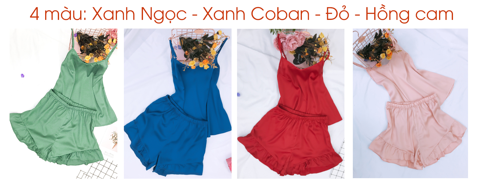Bộ đồ ngủ nữ mặc nhà 2 dây lụa cao cấp mềm mại hàng thiết kế 4 màu hồng cam, đỏ, xanh ngọc, xan coban N248