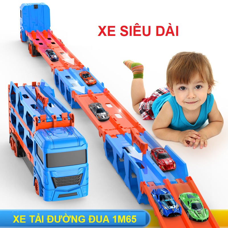 Ô tô đồ chơi xe tải 3 tầng kèm xe đua nhỏ mô hình đường đua xe dài 2m có thể gấp gọn cho bé, quà tặng sinh nhật