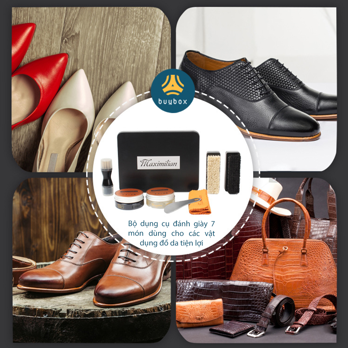 Bộ dụng cụ đánh giày da 7 món bao gồm xi và đủ bộ bàn chải, có tặng kèm hộp bảo quản giày da sạch sẽ - Buybox - BBPK292