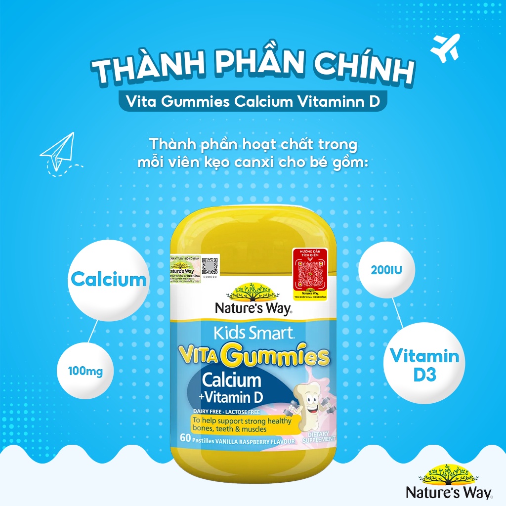 Canxi, Vitamin D cho trẻ 2-11 tuổi Vita Gummies Calcium Vitamin D Nature's 