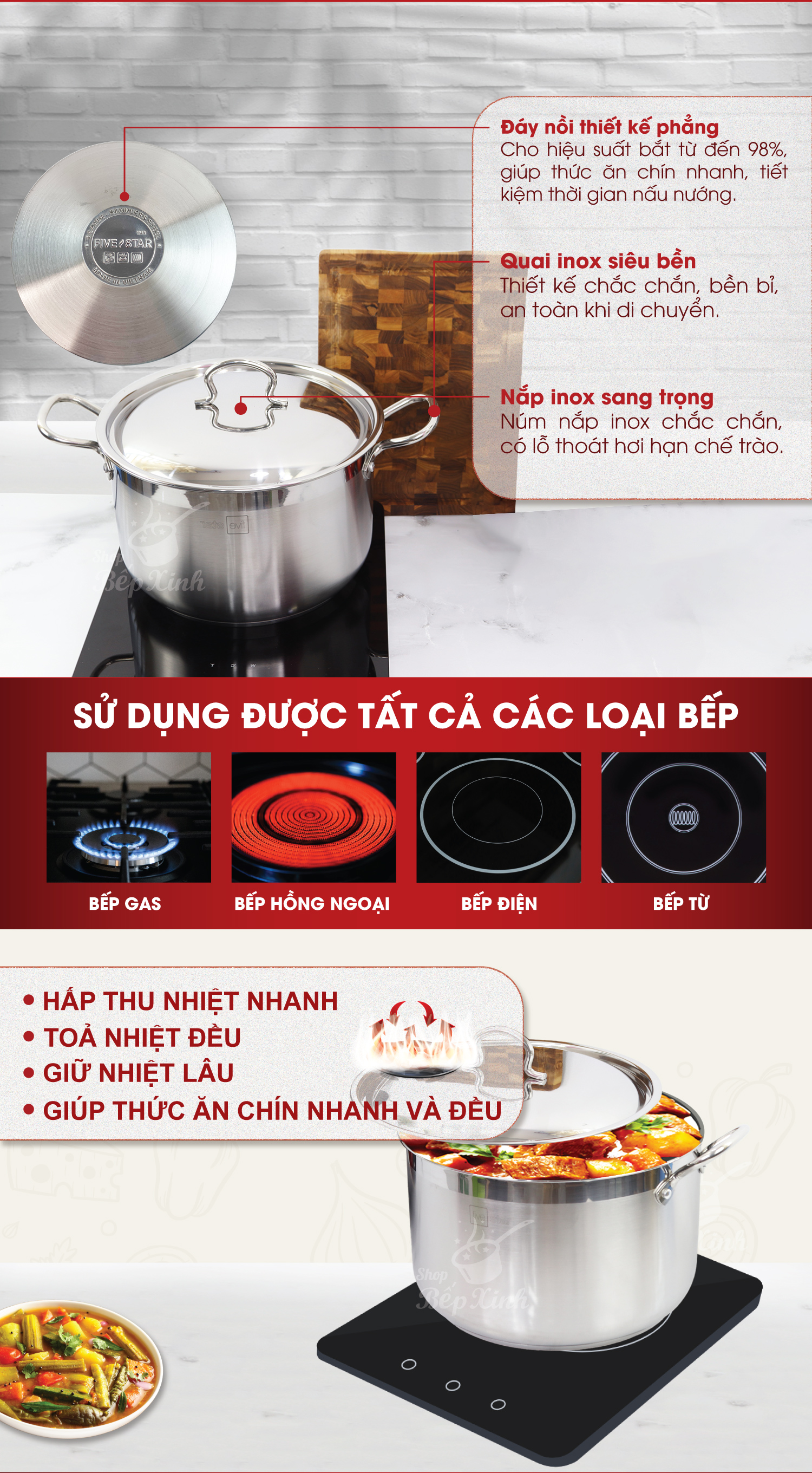 Nồi Inox 3 đáy inox 430  Fivestar bếp từ nắp inox tặng 2 vá canh
