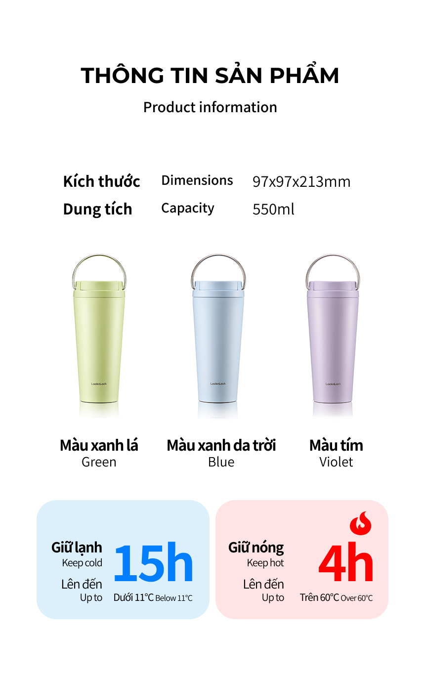 Ly Giữ Nhiệt LocknLock Bucket One Touch LHC3345 550ml, Hàng Chính Hãng, Quai Xách Tiện Lợi - JoyMall