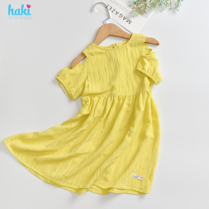 Váy bé gái_đầm cộc tay hở vai chính hãng HAKI, váy mùa hè cho bé, đầm trẻ em, váy thiết kế cho bé 10-27kg HK521
