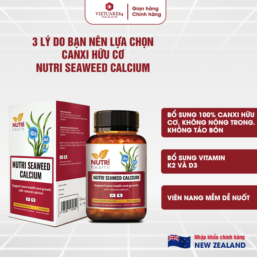 [TẶNG: Folic Acid 165k] Canxi Hữu Cơ New Zealand Nutri Seaweed Calcium 60 Viên - Bổ Sung Canxi, Tăng Chiều Cao, Chống Loãng Xương - Chính Hãng
