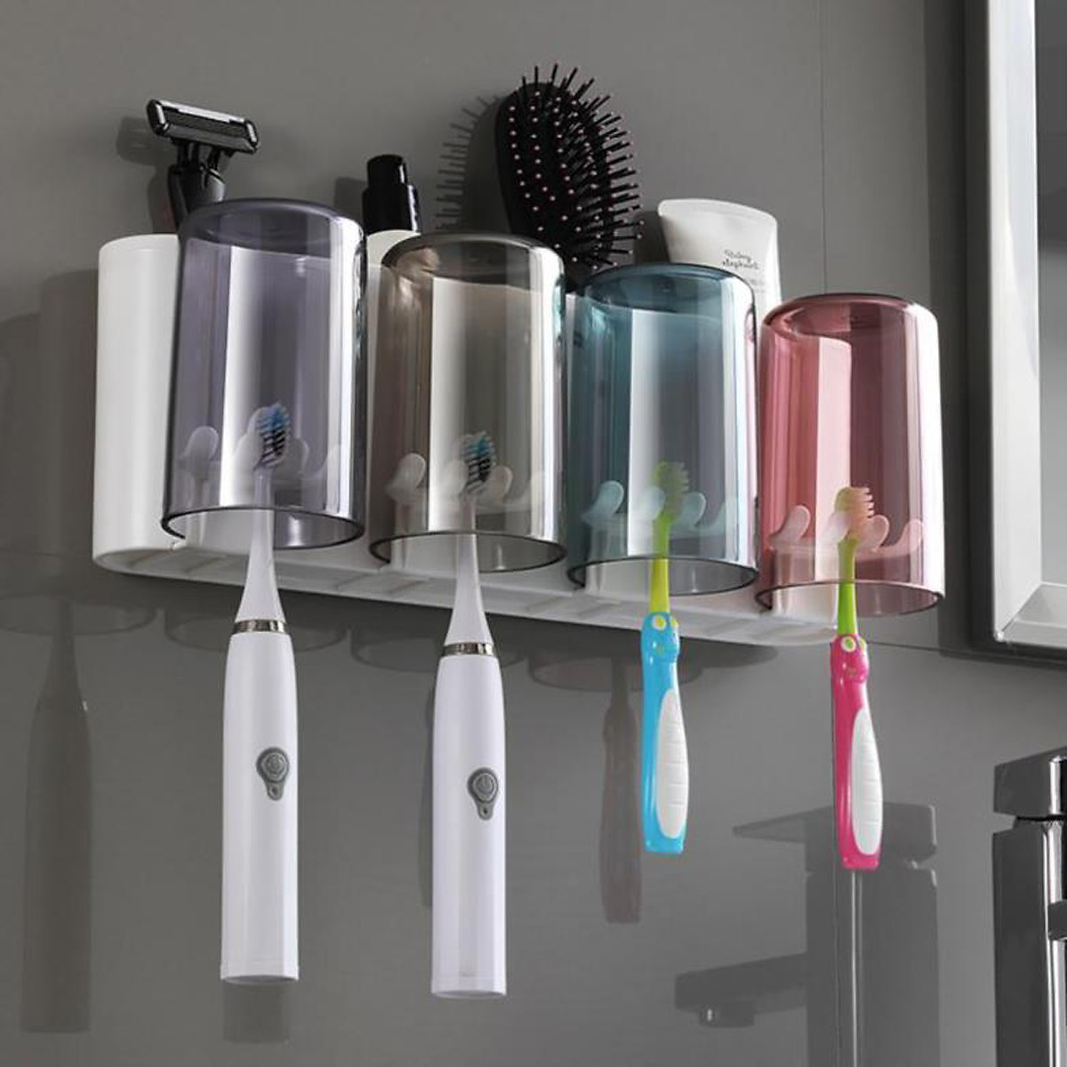 Bộ Dụng Cụ Nhả Kem Đánh Răng Tự Động 2/3/4 Cốc Và Giá Treo Bàn Chải Đa Năng - Chất Liệu ABS Cao Cấp - Hàng Chính Hãng MINIIN 