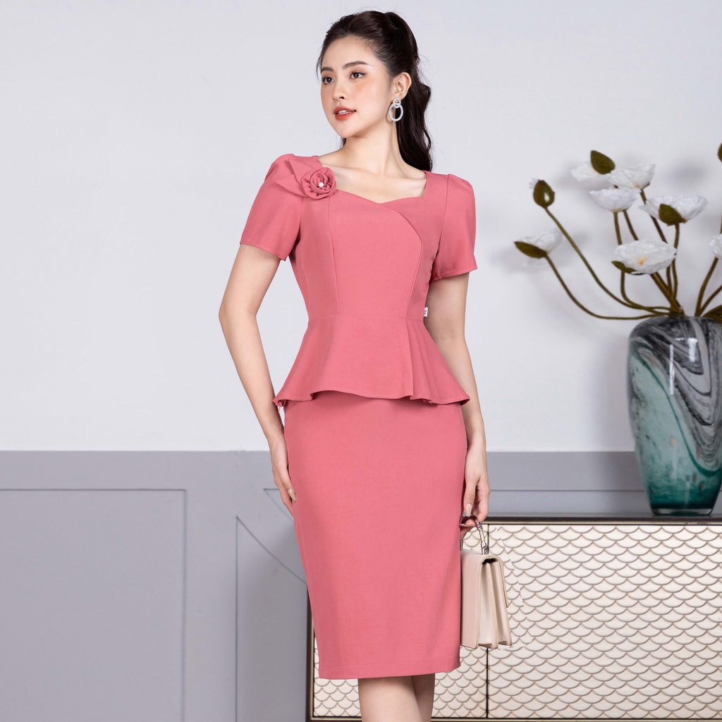 Set Áo Peplum Cổ Chữ U Kèm Chân Váy Bút Chì NK Fashion Dáng Công Sở