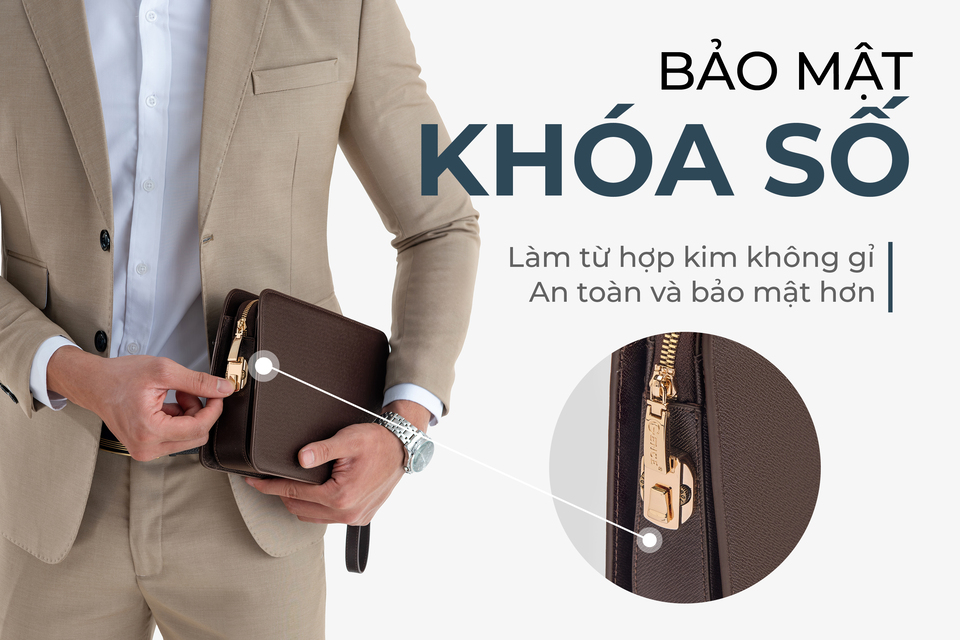Ví Cầm Tay Clutch Da Nam Hàng Hiệu GENCE CK15 Da Bò Khóa Số Cao Cấp Màu Nâu