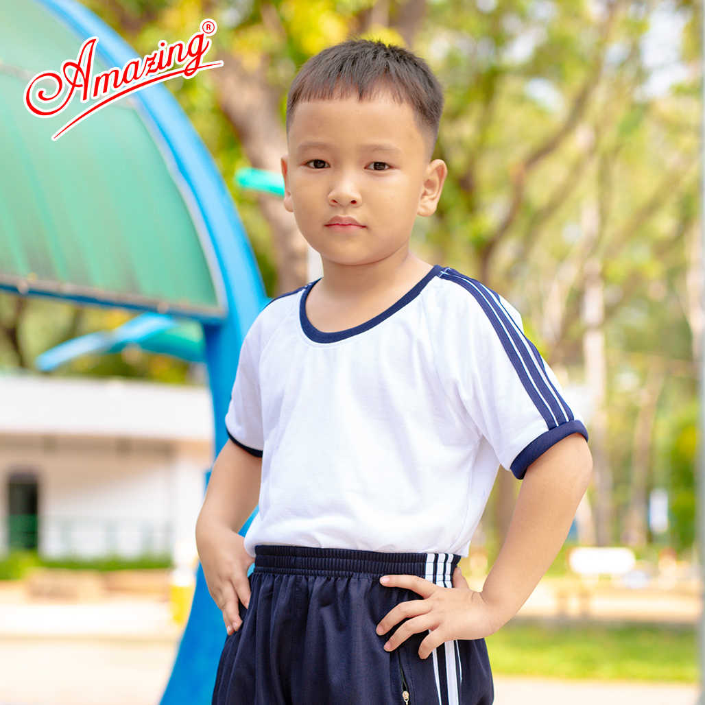 Áo thun thể dục thương hiệu Amazing cho bé trai, cổ bẻ và cổ tròn, đồng phục thể thao cho học sinh nam nữ các cấp