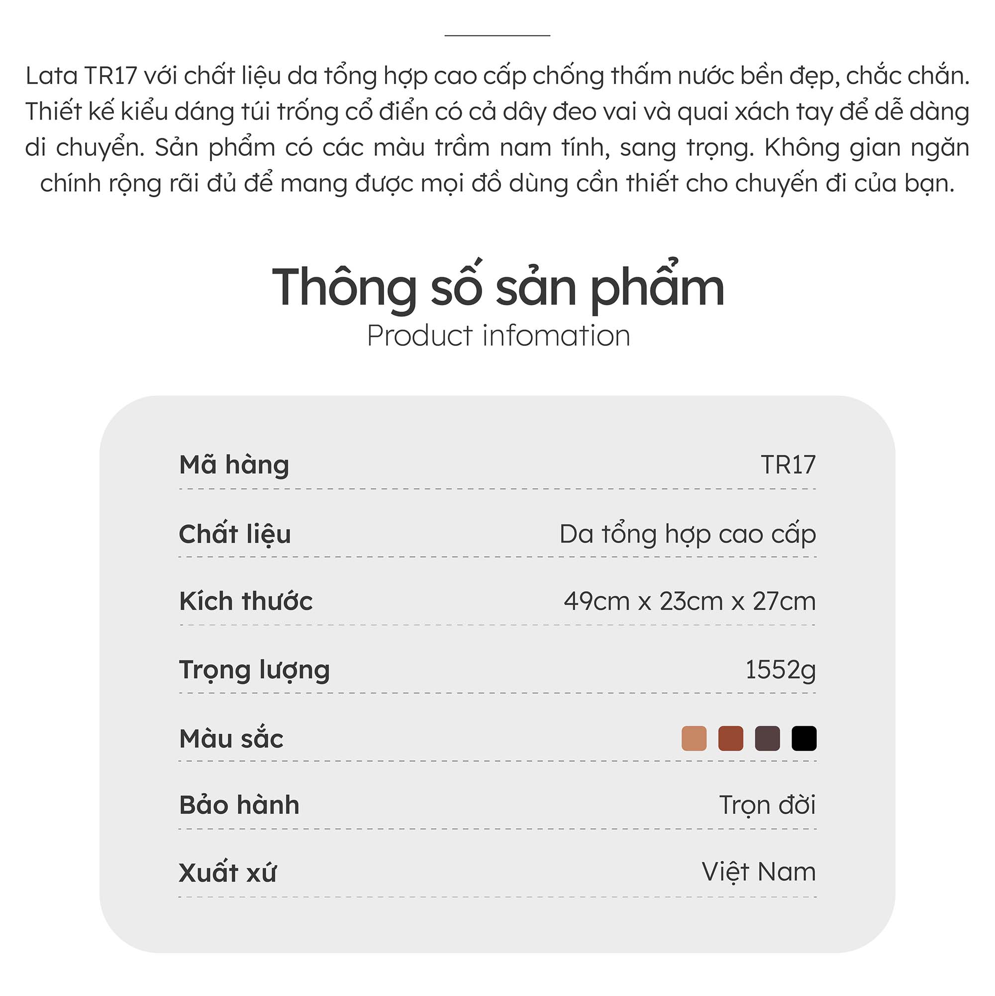 Túi du lịch Lata ( Thời trang nam, nữ tiện lợi cỡ lớn - Túi da TR17 )