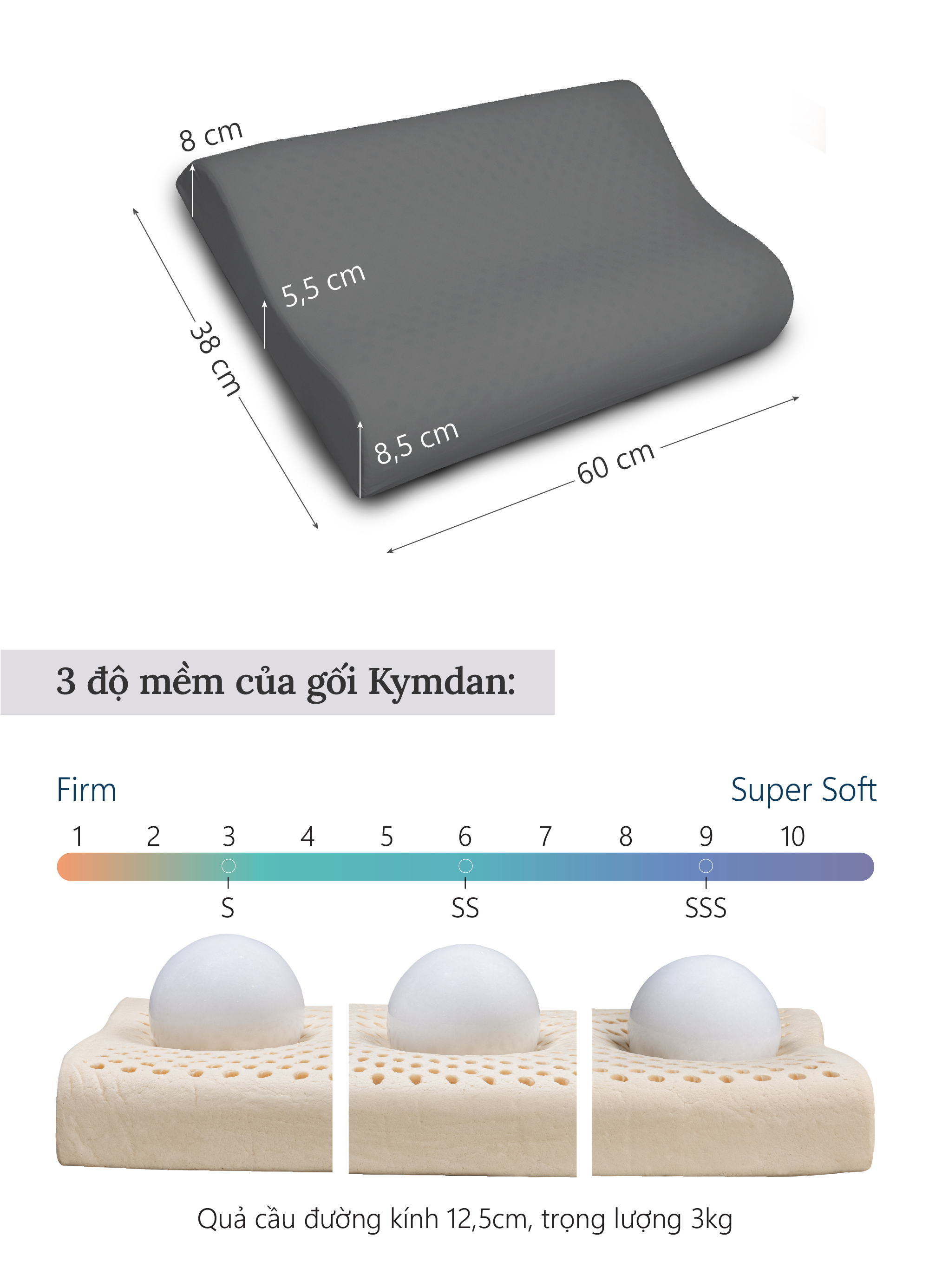 Gối cao su thiên nhiên Kymdan Pillow Glory Air 60 x 38 x 8,5 - 5,5 - 8 cm