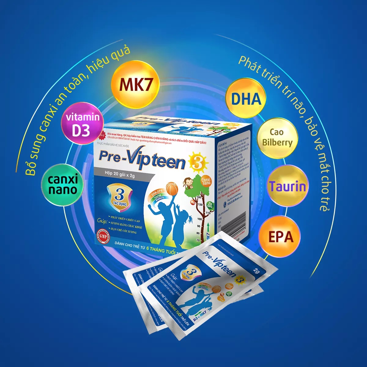 Cốm Bổ Sung Canxi Hỗ trợ Tăng Chiều Cao Pre-Vipteen 3 VINH GIA Dành Cho Trẻ Từ 6 Tháng Tuổi Hộp 20 Gói