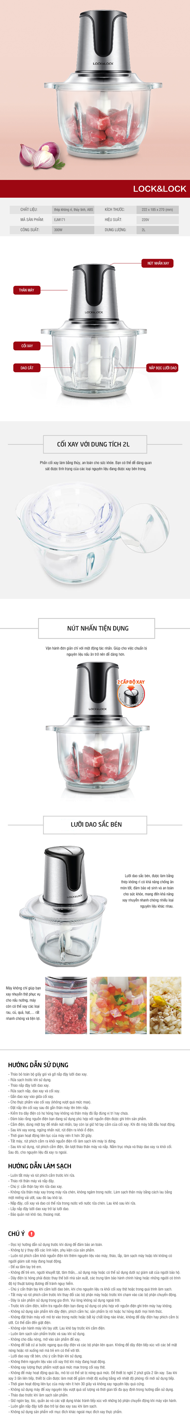 Máy Xay Thịt 2 Lưỡi Dao Kép Lock&Lock EJM171 (2L) - Hàng Chính Hãng, Cối Thủy Tinh Dung Tích Lớn - Tặng Kèm Ống Hút Inox